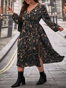 SHEIN Frenchy 大碼滿版印花高衩洋裝