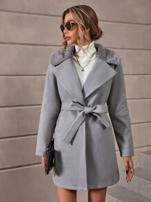 SHEIN LUNE Lapel Neck Belted Overcoat - Grey - View 1