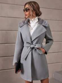 SHEIN LUNE Lapel Neck Belted Overcoat - Grey - View 4