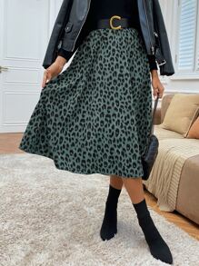 Ellegaria. High Waist Leopard Skirt Without Belt - Dark Green - View 6