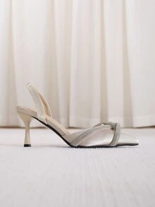 Rhinestone Decor Point Toe Pyramid Heeled Slingback Pumps, Champagne Colored Party Sandals With Twisted Straps, Rhinestone Decorated Women's High Heels With Open Heels - Champagne - View 6