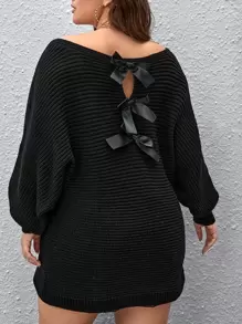 Celure 大碼蝙蝠袖後綁帶套頭毛衣 - 黑色 - 查看 1