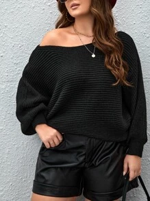 Celure 大碼蝙蝠袖後綁帶套頭毛衣 - 黑色 - 查看 2