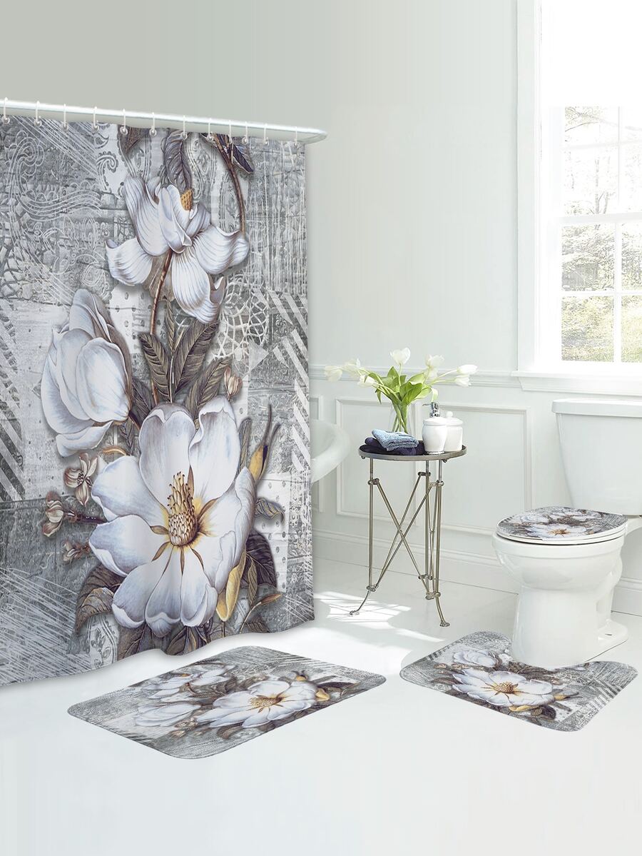 1pc Flower Pattern Bath Rug Or 1pc Shower Curtain - Multicolor - View 1