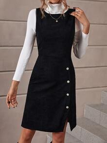 Vestido sin manga con botón delantero bajo con abertura sin jersey - Negro - Ver 4