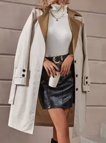 Chiquease Colourblock Lapel Collar Single Breasted Belted Trench Coat - Apricot - View 1