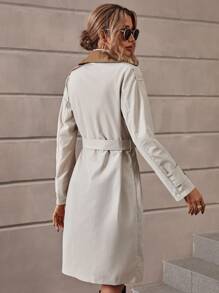 Chiquease Colourblock Lapel Collar Single Breasted Belted Trench Coat - Apricot - View 2
