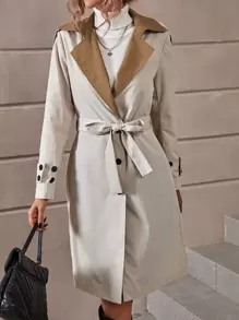 Chiquease Colourblock Lapel Collar Single Breasted Belted Trench Coat - Apricot - View 4