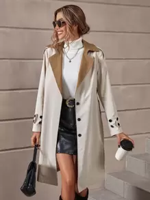 Chiquease Colourblock Lapel Collar Single Breasted Belted Trench Coat - Apricot - View 5