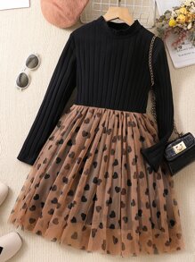 SHEIN 女孩愛心圖案網紗邊連衣裙 - 彩色 - 查看 1