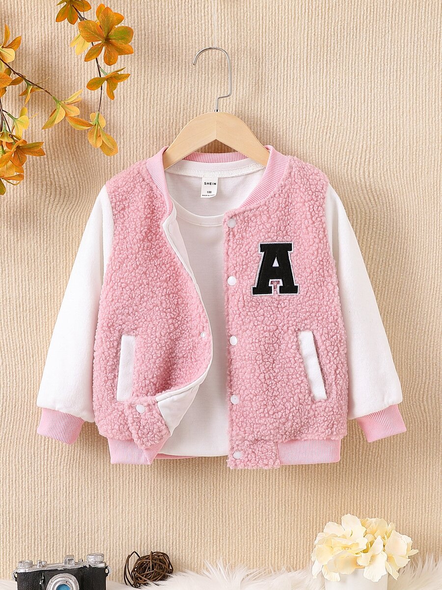 Toddler Girls Letter Patched Bomber Jacket - Pink - View 1
