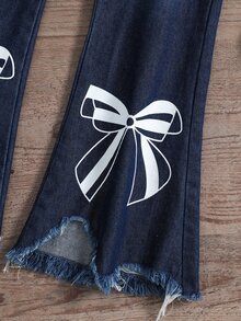 女孩泡泡袖T恤和蝴蝶結圖案毛邊緣不對稱下擺牛仔喇叭褲 - 彩色 - 查看 5