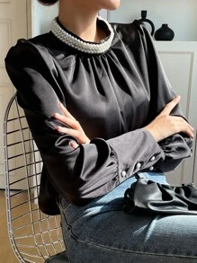 DAZY Pearls Beaded Puff Sleeve Blouse - Black - View 1