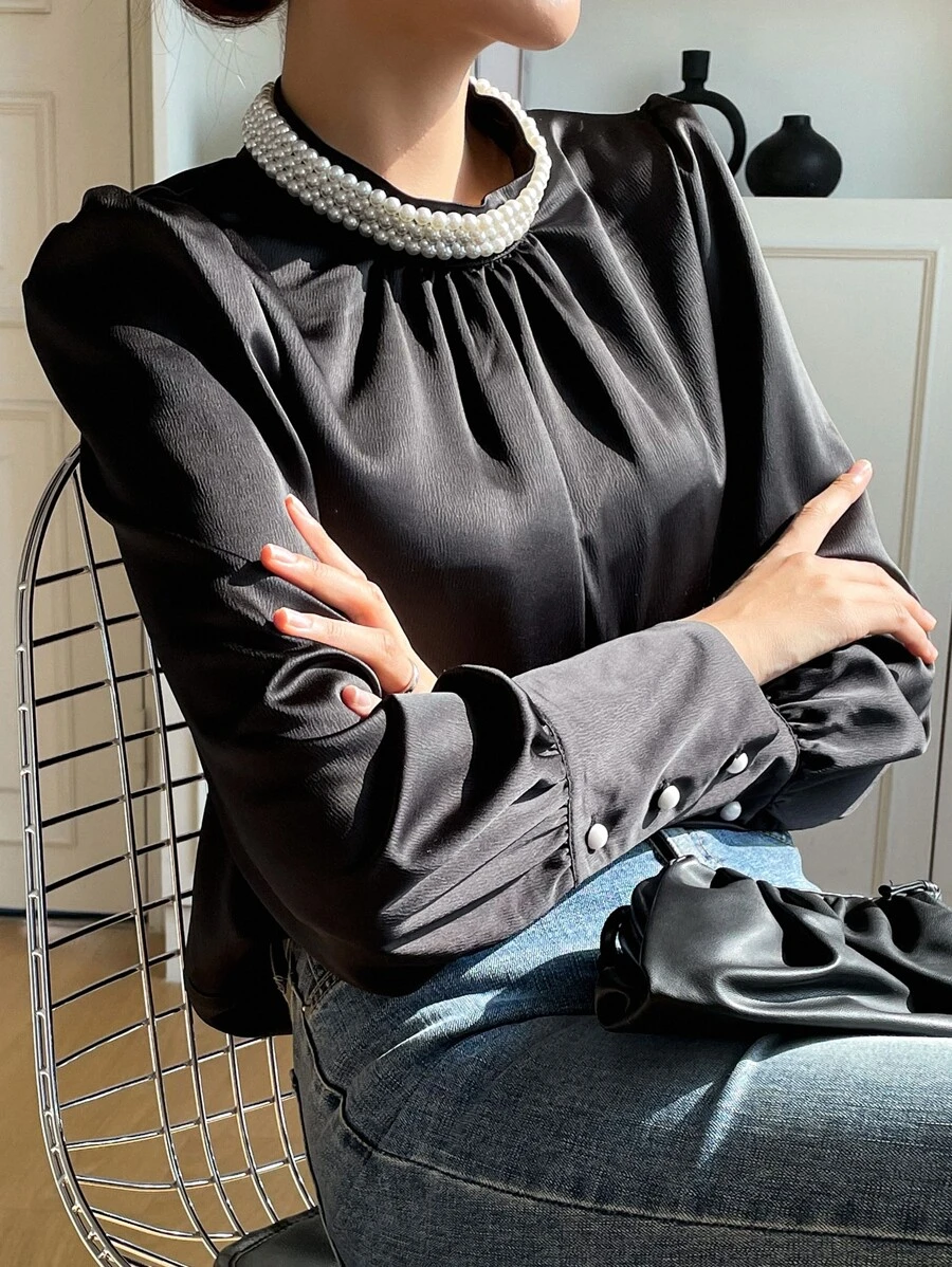 DAZY Pearls Beaded Puff Sleeve Blouse - Black - View 1