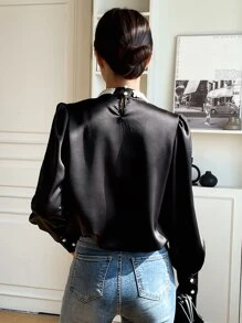 DAZY Pearls Beaded Puff Sleeve Blouse - Black - View 2