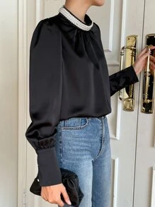 DAZY Pearls Beaded Puff Sleeve Blouse - Black - View 3