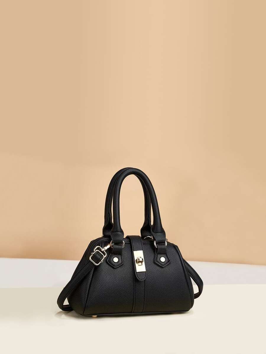 Litchi Embossed Twist Lock Satchel Bag - Black - View 1