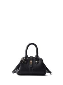 Litchi Embossed Twist Lock Satchel Bag - Black - View 2