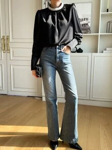 DAZY Pearls Beaded Puff Sleeve Blouse - Black - View 4