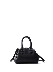 Litchi Embossed Twist Lock Satchel Bag - Black - View 4