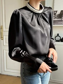 DAZY Pearls Beaded Puff Sleeve Blouse - Black - View 6