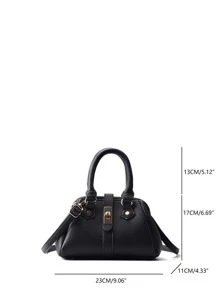 Litchi Embossed Twist Lock Satchel Bag - Black - View 8