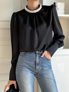 DAZY Pearls Beaded Puff Sleeve Blouse - Black - View 7