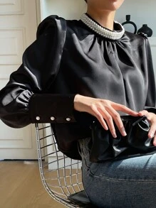 DAZY Pearls Beaded Puff Sleeve Blouse - Black - View 8
