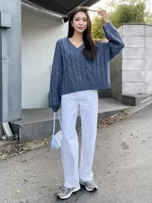 DAZY Cable Knit Drop Shoulder Jumper - Blue - View 3