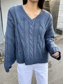 DAZY Cable Knit Drop Shoulder Jumper - Blue - View 5