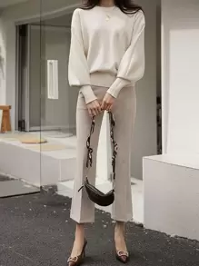 DAZY Solid Drop Shoulder Sweater,Long Sleeve Tops,Fall Clothes