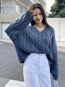 DAZY Cable Knit Drop Shoulder Jumper - Blue - View 6