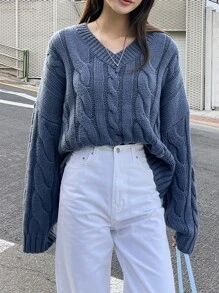 DAZY Cable Knit Drop Shoulder Jumper - Blue - View 8