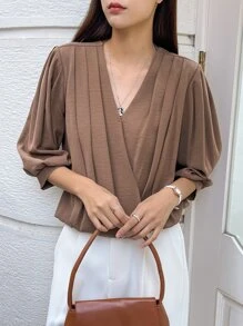 DAZY 百褶交疊交叉領折紋燈籠袖上衣 - 摩卡棕 - 查看 1