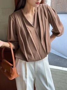 DAZY 百褶交疊交叉領折紋燈籠袖上衣 - 摩卡棕 - 查看 3