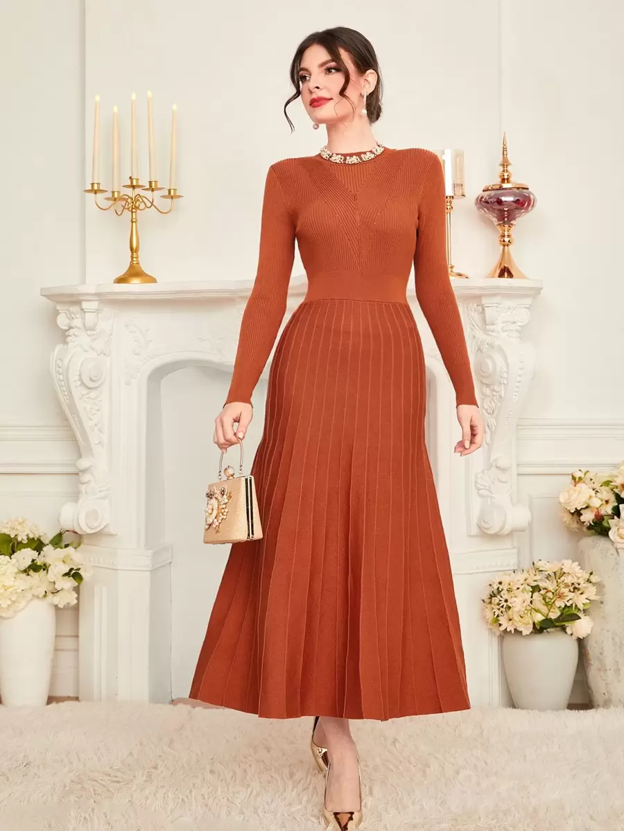 Modelyn Solid Pleated Hem Jumper Dress - Rust Brown - View 1