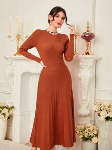 Modelyn Solid Pleated Hem Jumper Dress - Rust Brown - View 4
