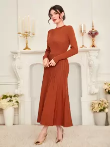 Modelyn Solid Pleated Hem Jumper Dress - Rust Brown - View 5