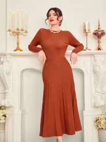 Modelyn Solid Pleated Hem Jumper Dress - Rust Brown - View 6