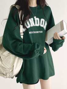 DAZY 字母图案落肩超大 T 恤，男女通用，秋季服装长袖女式上衣 - 墨綠色 - 查看 1