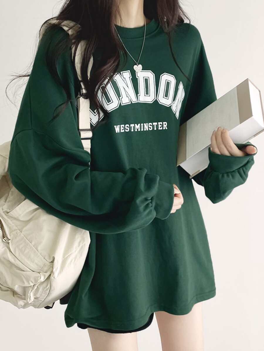 DAZY 字母图案落肩超大 T 恤，男女通用，秋季服装长袖女式上衣 - 墨綠色 - 查看 1