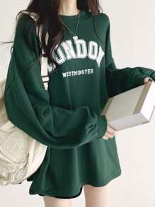 DAZY 字母图案落肩超大 T 恤，男女通用，秋季服装长袖女式上衣 - 墨綠色 - 查看 4