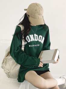 DAZY 字母图案落肩超大 T 恤，男女通用，秋季服装长袖女式上衣 - 墨綠色 - 查看 3