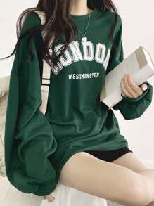 DAZY 字母图案落肩超大 T 恤，男女通用，秋季服装长袖女式上衣 - 墨綠色 - 查看 2