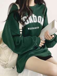 DAZY 字母图案落肩超大 T 恤，男女通用，秋季服装长袖女式上衣 - 墨綠色 - 查看 7