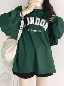 DAZY 字母图案落肩超大 T 恤，男女通用，秋季服装长袖女式上衣 - 墨綠色 - 查看 8