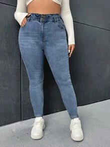 SHEIN Essnce Plus Skinny Jeans - Medium Wash - View 2