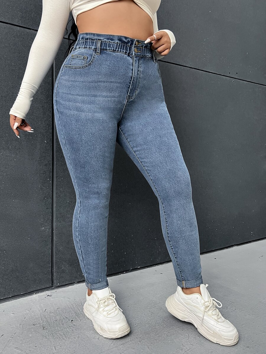 SHEIN Essnce Plus Skinny Jeans - Medium Wash - View 1