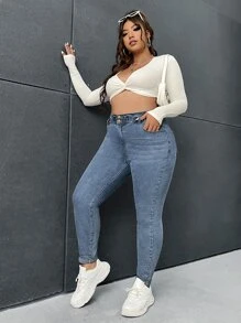 SHEIN Essnce Plus Skinny Jeans - Medium Wash - View 5