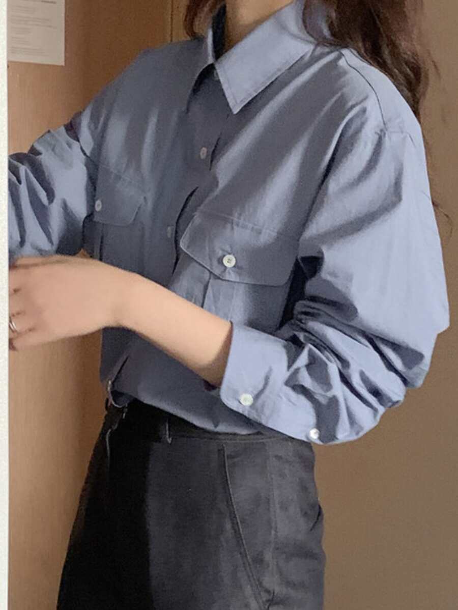 DAZY Solid Flap Pocket Button Up Shirt - Dusty Blue - View 1